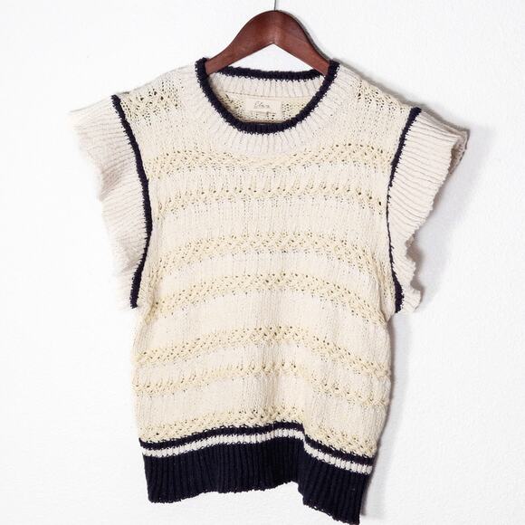 Elan Sweaters - Elan Women’s Sweater Vest Y2K Nautical Preppy Knit Cream Navy Stripe Trim Large